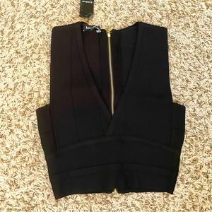 NWT BeBe Black Bandage Crop Top Gold Zipper XS